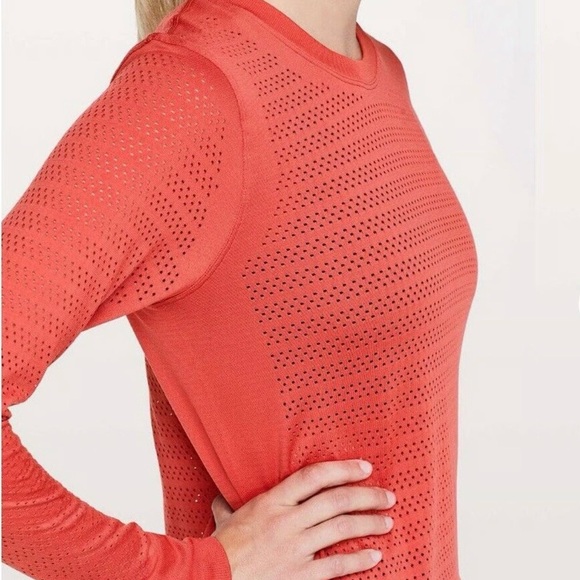 Lululemon sz 8 Breeze By Long Sleeve Squad Aries Coral Top great pre owned cond - Picture 7 of 12